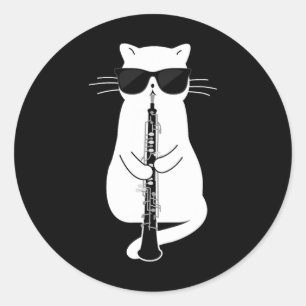 Cat Wearing Sungles Playing Oboe  Classic Round Sticker