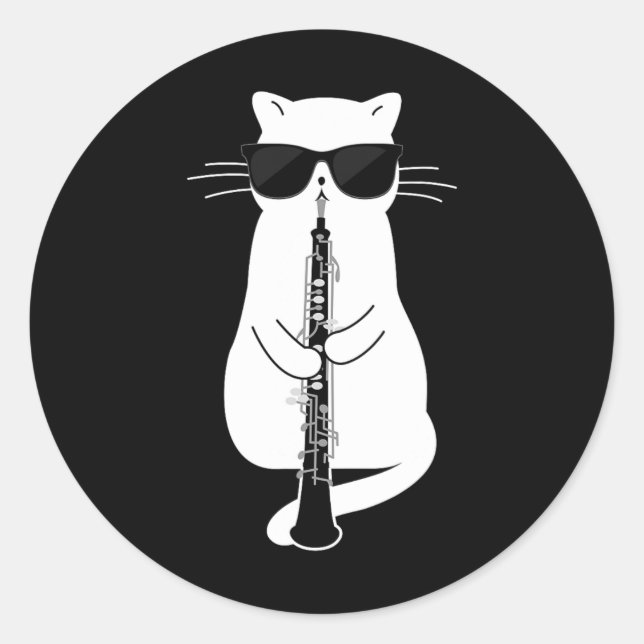 Cat Wearing Sungles Playing Oboe  Classic Round Sticker (Front)
