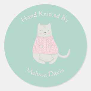 Cat Wearing Sweater Personalised Knitted by Classic Round Sticker