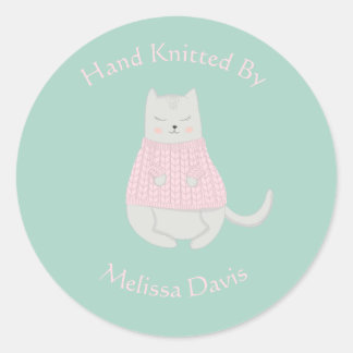 Cat Wearing Sweater Personalised Knitted by Classic Round Sticker