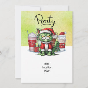 Cat wears Santa Hat for Christmas themed Party Invitation