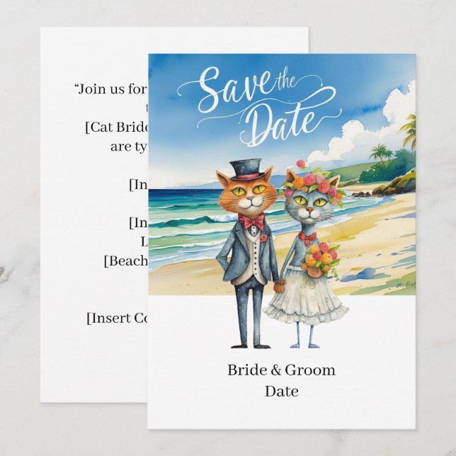 Cat Wedding Beach Wedding Themed Invitation (Front/Back)