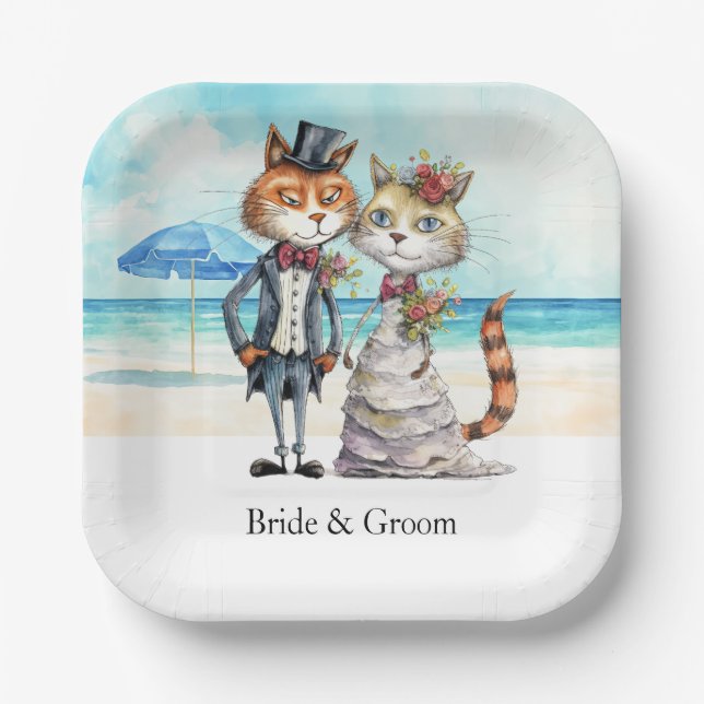 Cat Wedding Beach Wedding Themed Paper Plate (Front)