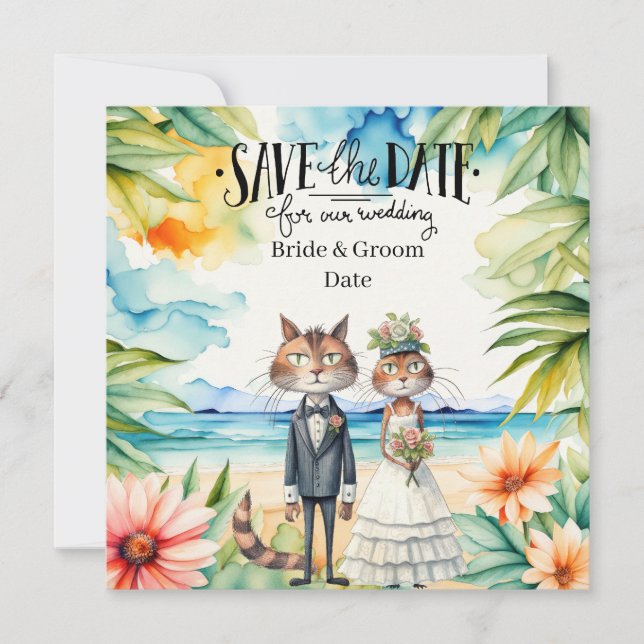 Cat Wedding Beach Wedding Themed Save The Date (Front)