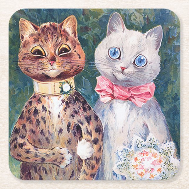 Cat Wedding, Marriage, Bride, Louis Wain Square Paper Coaster (Front)