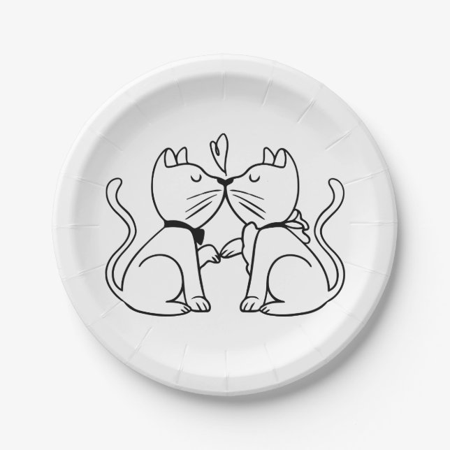 Cat Wedding Party Engagement Bridal Shower Black Paper Plate (Front)