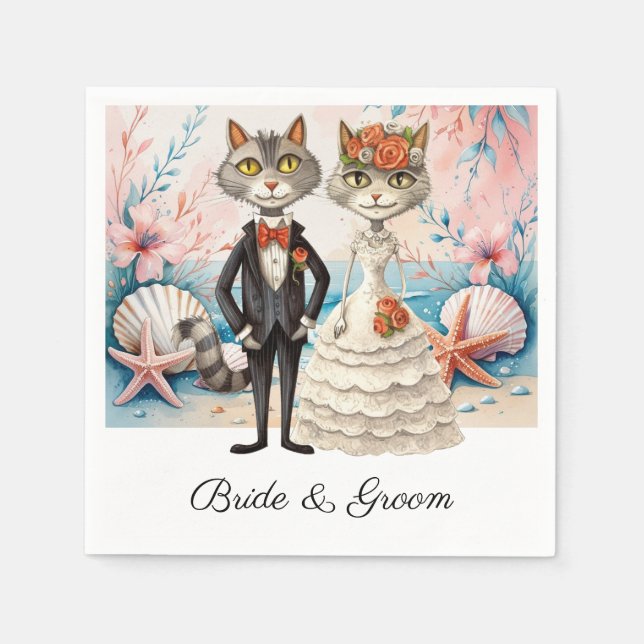 Cat Wedding with Bride and Groom Beach themed Napkin (Front)