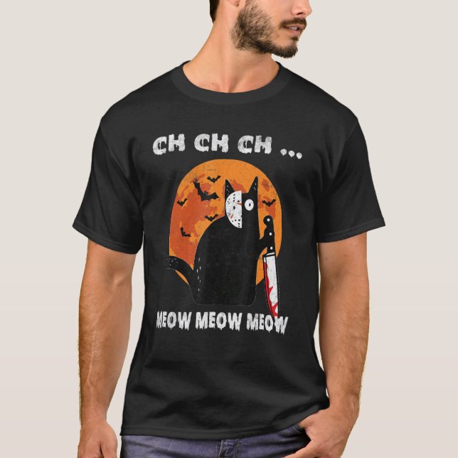 Cat What Black Cat Moon Murderous Cat With Knife T-Shirt (Front)