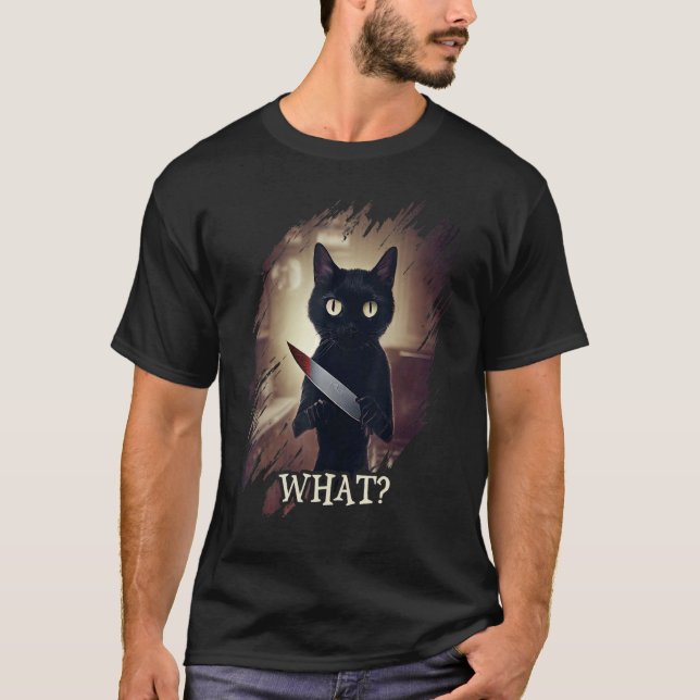 Cat What  Black Cat Murderous Cat With Knife AI Ar T-Shirt (Front)
