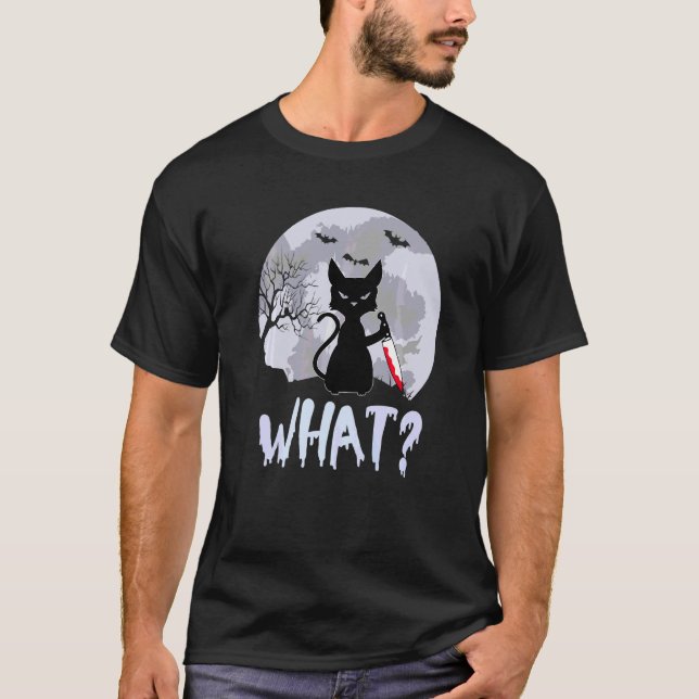 Cat What  Black Cat Murderous Cat With Knife Hallo T-Shirt (Front)
