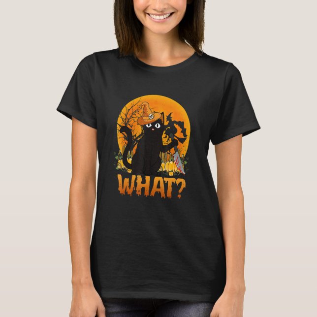 Cat What Black Cat With Knife Halloween Costume T-Shirt (Front)
