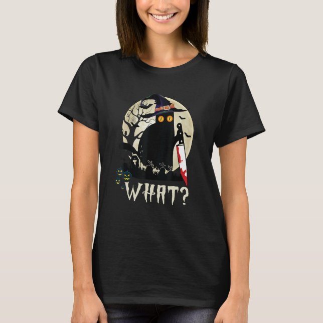 Cat What Black Cat With Knife Halloween Costume T-Shirt (Front)