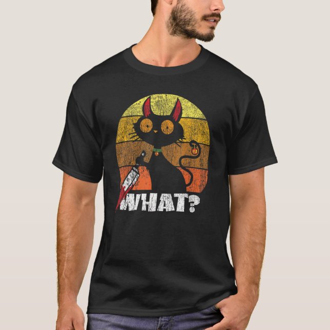Cat What  Black Cat With Knife Humourous Halloween T-Shirt (Front)