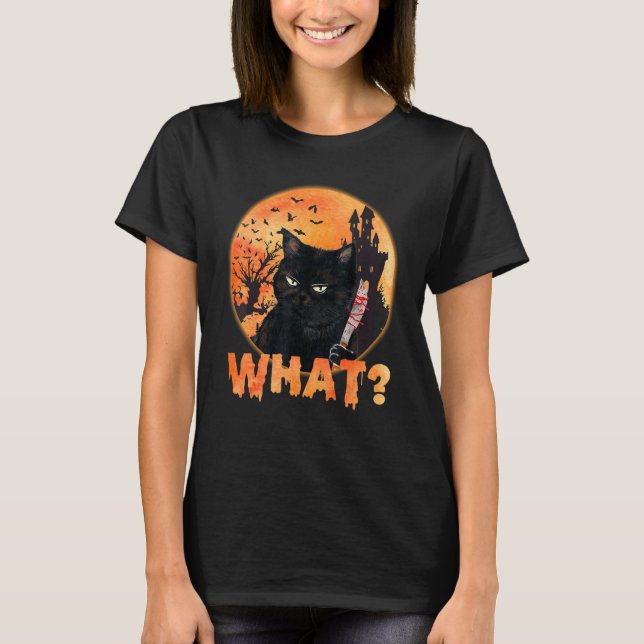 Cat What   Black Murder Cat With Knife Halloween T-Shirt (Front)