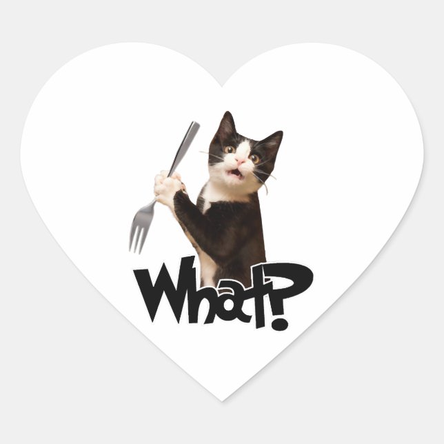 Cat What Funny Black Cat, Cat With Fork Heart Sticker (Front)