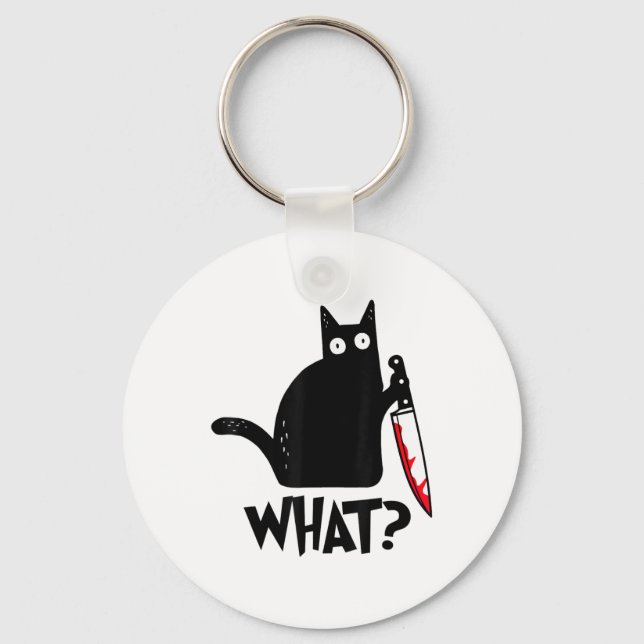 Cat What Funny Black Cat Murderous Cat With Knife  Key Ring (Front)