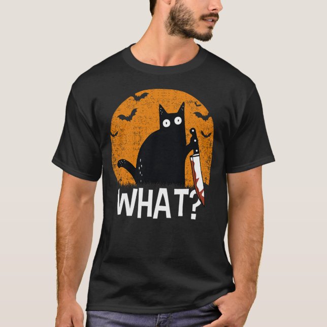 Cat What Funny Black Cat Murderous Cat With Knife T-Shirt (Front)