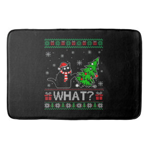 Cat What Funny Black Cat Pushing Christmas Tree Bath Mat