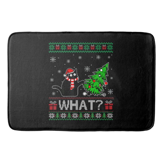 Cat What Funny Black Cat Pushing Christmas Tree Bath Mat (Front)