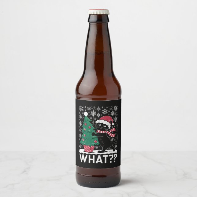 Cat What Funny Black Cat Pushing Christmas Tree  Beer Bottle Label (Front)