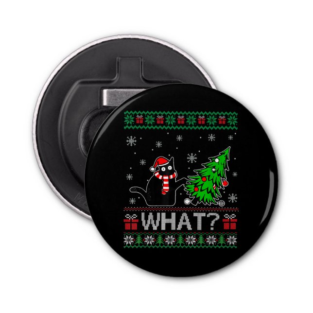Cat What Funny Black Cat Pushing Christmas Tree Bottle Opener (Front)