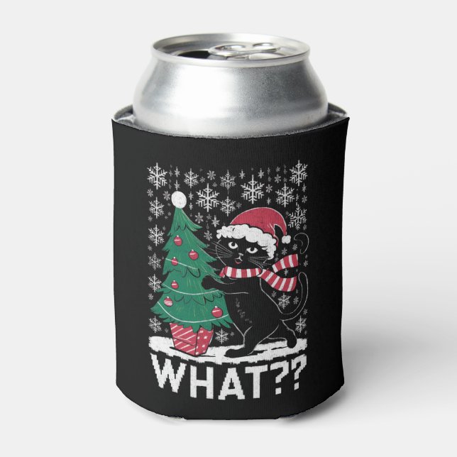 Cat What Funny Black Cat Pushing Christmas Tree  Can Cooler (Can Front)