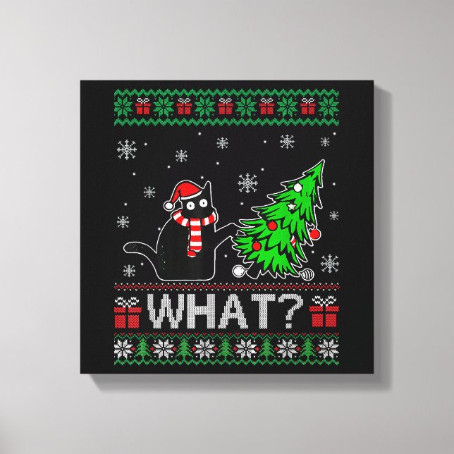 Cat What Funny Black Cat Pushing Christmas Tree Canvas Print (Front)