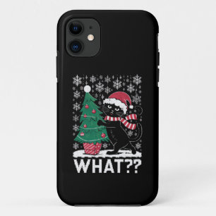 Cat What Funny Black Cat Pushing Christmas Tree  iPhone 11 Case