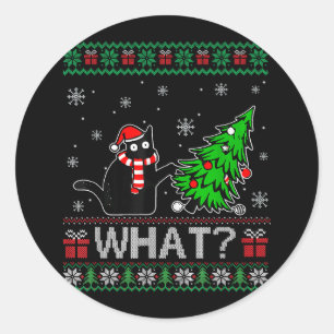 Cat What Funny Black Cat Pushing Christmas Tree Classic Round Sticker