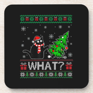 Cat What Funny Black Cat Pushing Christmas Tree Coaster