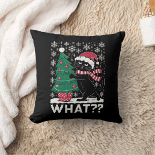 Cat What Funny Black Cat Pushing Christmas Tree Cushion
