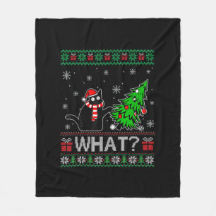 Cat What Funny Black Cat Pushing Christmas Tree Fleece Blanket