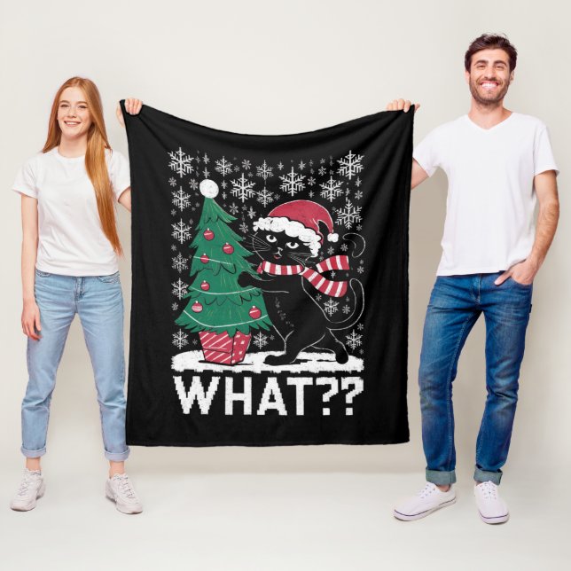 Cat What Funny Black Cat Pushing Christmas Tree  Fleece Blanket (In Situ)