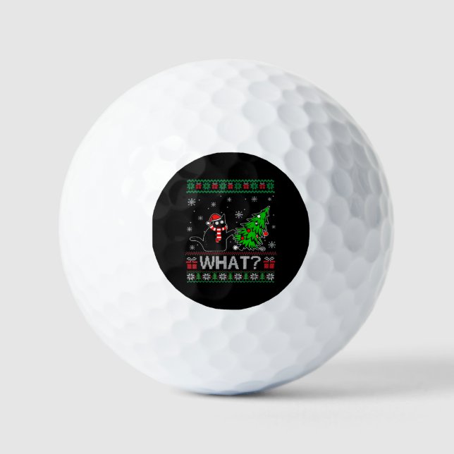 Cat What Funny Black Cat Pushing Christmas Tree Golf Balls (Front)