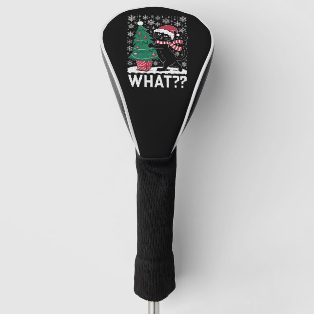 Cat What Funny Black Cat Pushing Christmas Tree  Golf Head Cover (Front)
