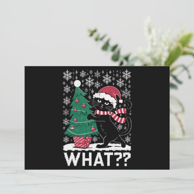 Cat What Funny Black Cat Pushing Christmas Tree  Holiday Card (Standing Front)