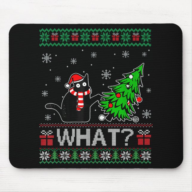 Cat What Funny Black Cat Pushing Christmas Tree Mouse Mat (Front)
