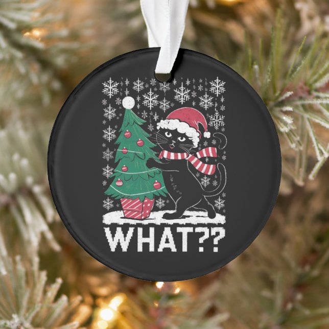 Cat What Funny Black Cat Pushing Christmas Tree  Ornament (Tree)