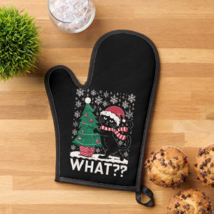 Cat What Funny Black Cat Pushing Christmas Tree Oven Mitt