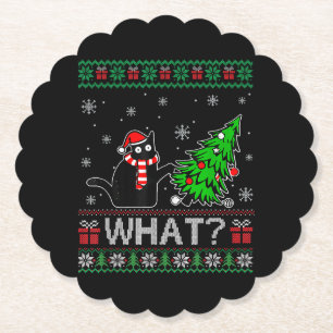 Cat What Funny Black Cat Pushing Christmas Tree Paper Coaster