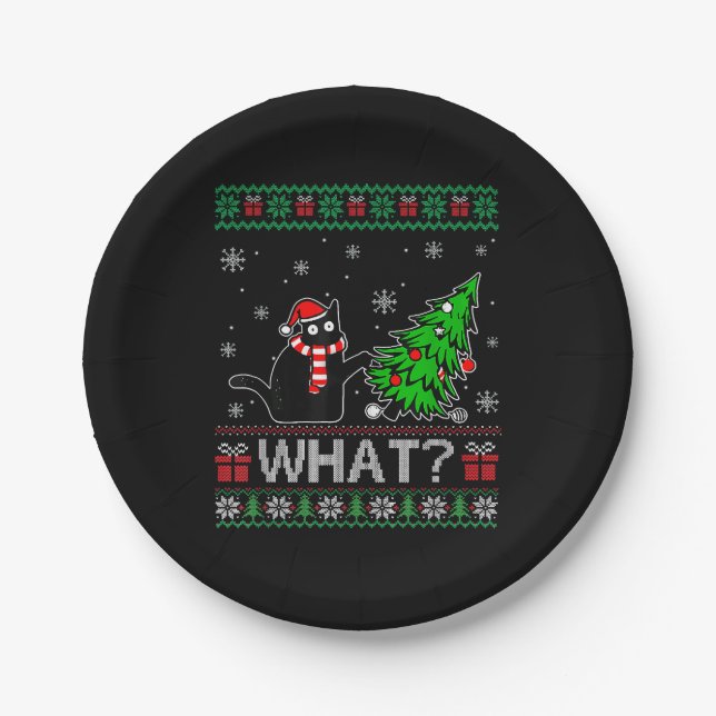Cat What Funny Black Cat Pushing Christmas Tree Paper Plate (Front)