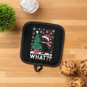 Cat What Funny Black Cat Pushing Christmas Tree  Pot Holder