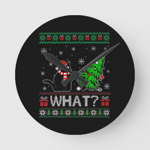 Cat What Funny Black Cat Pushing Christmas Tree Round Clock