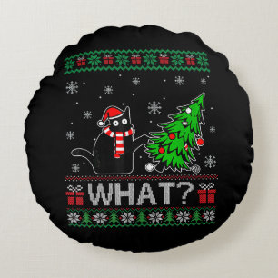 Cat What Funny Black Cat Pushing Christmas Tree Round Cushion