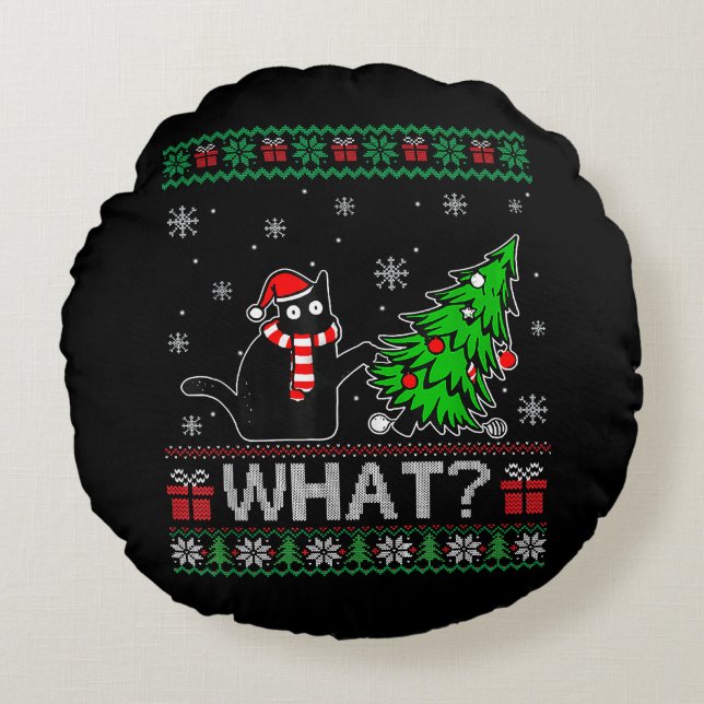 Cat What Funny Black Cat Pushing Christmas Tree Round Cushion (Front)
