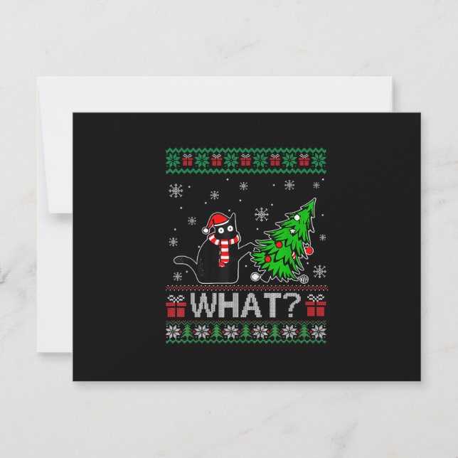 Cat What Funny Black Cat Pushing Christmas Tree RSVP Card (Front)