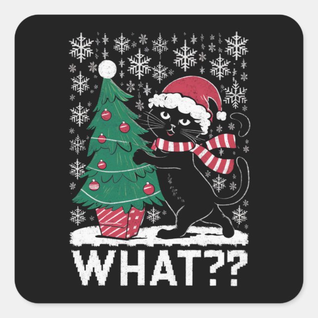 Cat What Funny Black Cat Pushing Christmas Tree  Square Sticker (Front)