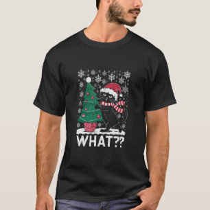 Cat What Funny Black Cat Pushing Christmas Tree  T-Shirt