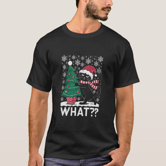 Cat What Funny Black Cat Pushing Christmas Tree  T-Shirt (Front)