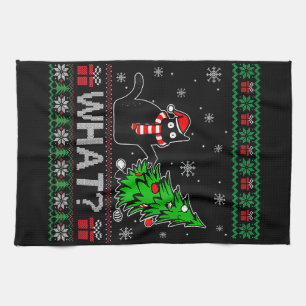 Cat What Funny Black Cat Pushing Christmas Tree Tea Towel